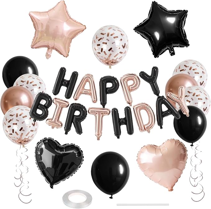 27 Pcs Rose Gold Black Birthday Decorations, 3D Letters Rose Gold Black Happy Birthday Balloon Banner, Pentagram Heart Foil Balloons Confetti Balloons Kit For Boys Girls Party Supplies