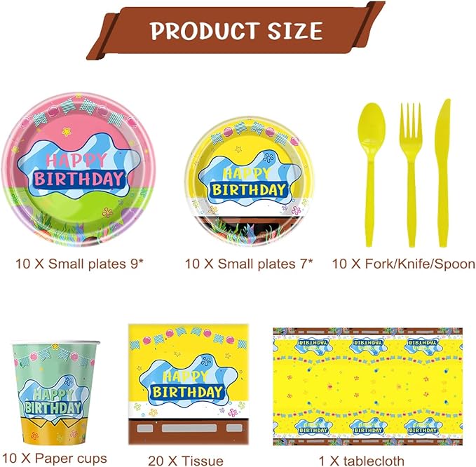 81pcs Yellow Cartoon Party Supplies Tableware Plates Napkins Cups Fork and Tablecloth，Yellow Theme Birthday Party Decoration