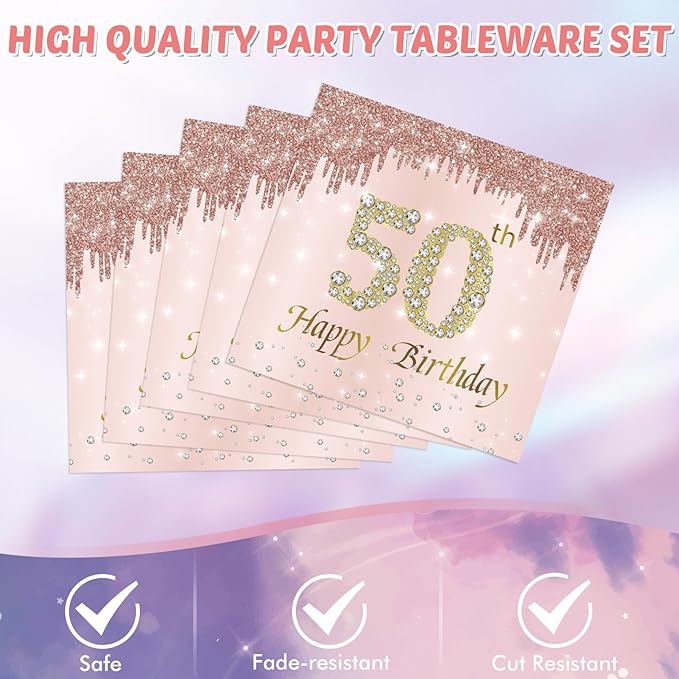 50th Birthday Decorations for Women Rose Gold 50 Years Old Party Tableware Set Include 50th Birthday Plates and Napkins Tablecloth Fifty Birthday Party Decorations Favors for Women 1976 Party Supplies