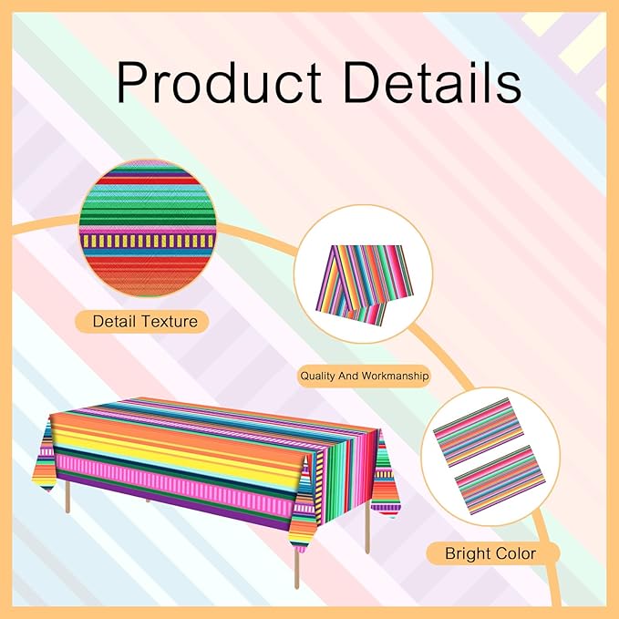 3 Pack Disposable Plastic Mexican Serape Tablecloths, 54 x 108 Inch Mexican Striped Party Table Cover for Mexican Wedding Birthday Party Decorations Outdoor Indoor Party Supplies