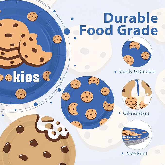 60 Pcs Milk and Cookies Birthday Party Plates 7" Disposable Chocolate Chip Cookie and Milk Dessert Plates Blue Brown Milk Cookies Theme Paper Platters for Kids Birthday Baby Shower Party Decorations