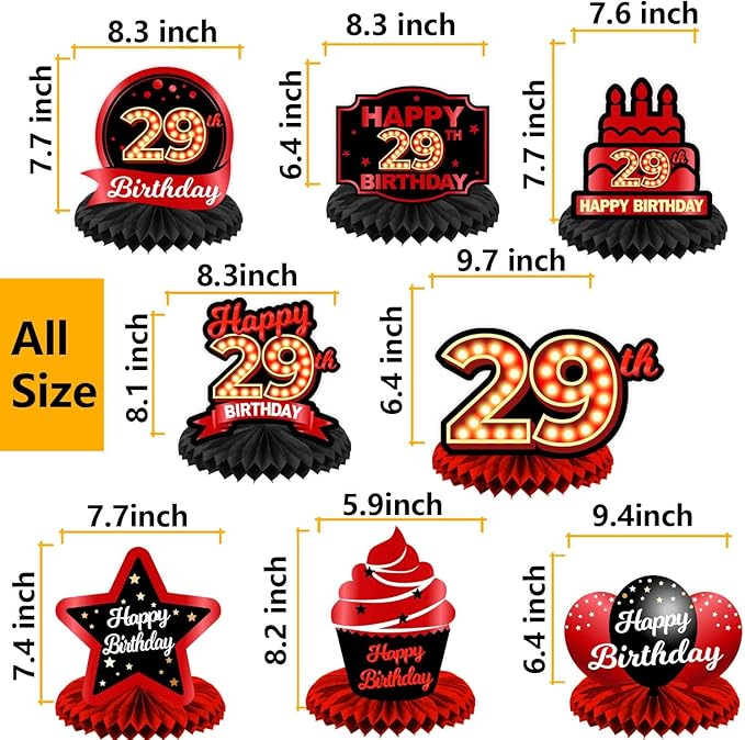 Happy 29th Birthday Red and Black Table Honeycomb Centerpieces Balloons Theme Decor Table Decorations Table Toppers for Girls Women Princess 29 Years Old Birthday Party Bday Supplies Background Gold