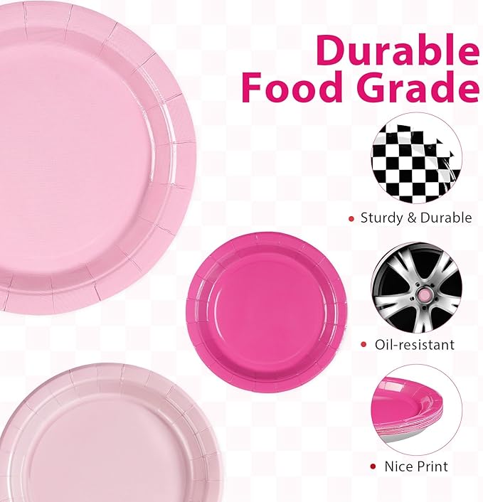 60Pcs Pink Race Car Party Plates 9" Racing Party Decorations Pink Black White Checkered Racing Car Paper Plates Disposable for Valentine’s Day Girls Birthday Baby Shower Race Themed Par-ty Supplies