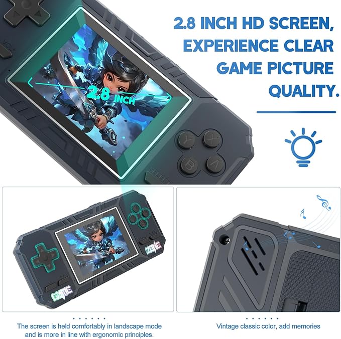 JKV Handheld Game Consoles - 520 Retro Classic Video Games, 1020mAh Rechargeable Battery 2.8" HD Screen, Portable Travel Games Mini Arcade Pocket Player, Support TV, Present for Kids & Adults (Blue)