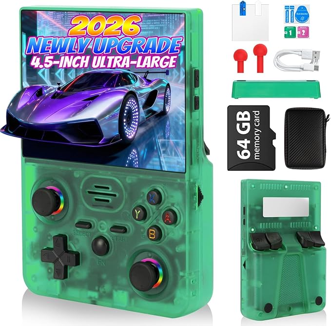 2026 NEW Upgrade RF45V Retro Handheld Game Console-4.5 Inch Ultra-Large Screen,Support 18000+Classic Games,64G TF Card,4000mAh Battery,Linux System,Birthday Gift for Adult or Friends - Green