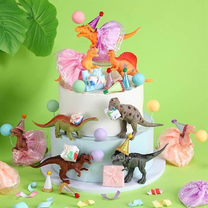 Weysat 41 pcs Dinosaur Figures Cake Topper Animal Birthday Party Decorations with Mini Hat and Skirt, Colorful Balls, Jungle Toppers Decoration with Gift Boxes for Themed Party(Dinosaur)