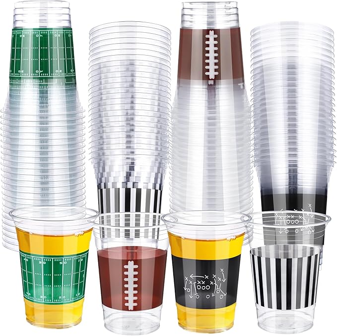 Qinyoung 60 Pcs 16oz Football Party Decorations Football Tailgate Plastic Disposable Clear Cups for Events Sports Birthday Themed Tableware Party Supplies
