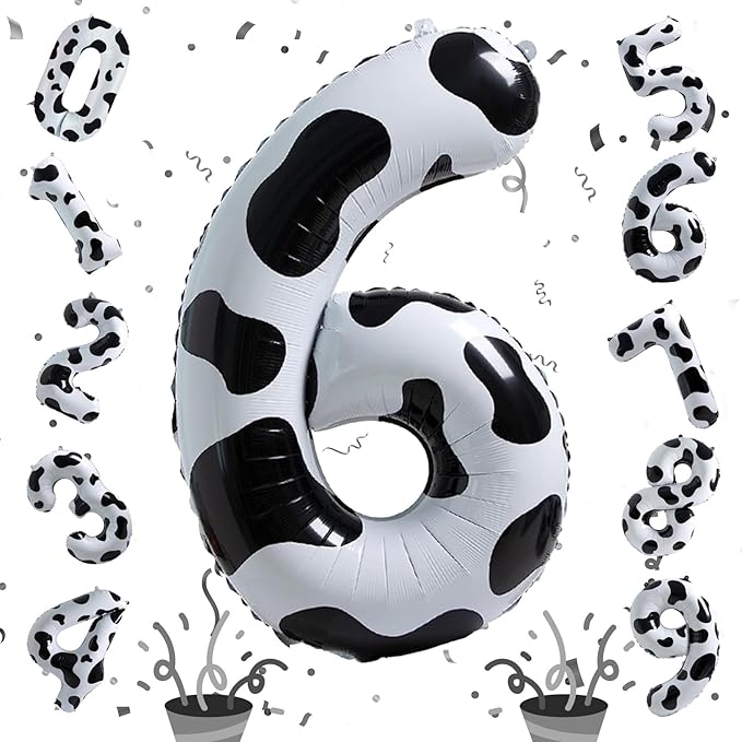 Giant Number Balloons 6, Cow Print Number 6 Balloons for Boys, 40 Inch Foil Helium Number Balloon for Girls 6th Birtyday Party Decor Farm Animal Theme Cowboy Cowgirl Theme Party Decoration Supplies
