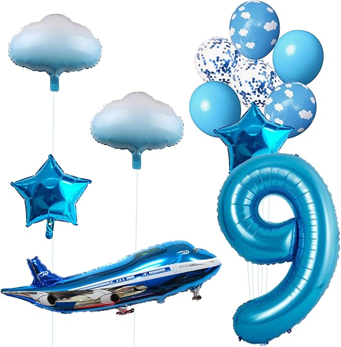 31inch Large Airplane Blue Party Decoration Airplane Balloon Set Birthday Party Supplies (9 Number Airplane)