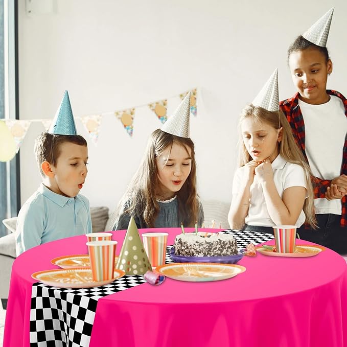 Oudain 3 Pcs Cars Birthday Party Supplies Racing Party Decorations Round Racing Tablecloth Checkered Flag Table Covers Road Plastic Table Cloth, 1950s Disco Dancing Party Tablecloth (Pink)