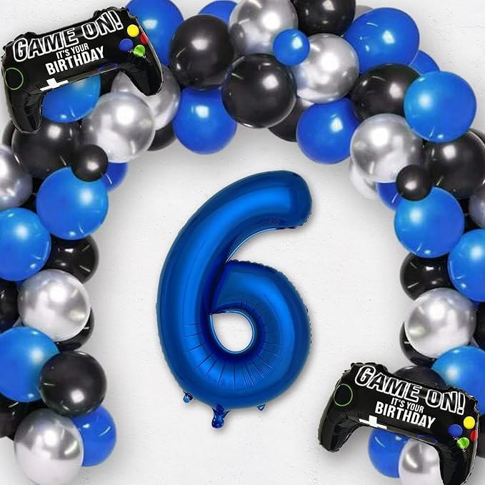 Navy Blue Video Game Party Supplies Boys 6th Birthday Party Decorations- 2 Packs Game On Balloons with Dark Blue Number 6 Balloon