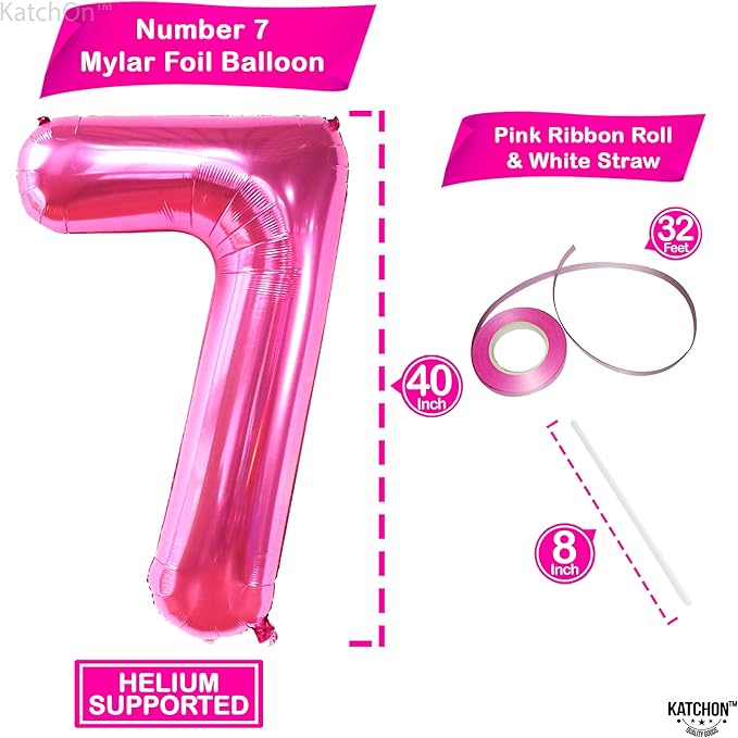 KatchOn, Giant Hot Pink Number 7 Balloon - 40 Inch | Pink 7 Mylar Foil Balloon For Happy Birthday Decorations | 7th Anniversary Decorations | 7th Birthday Party Supplies | Birthday Party Decoration