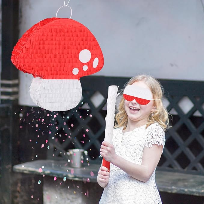 Mushroom Pinata with Stick and Blindfold Fairy Pinata for Kids 3D Mushroom Birthday Party Decorations Baby Shower Party Supplies