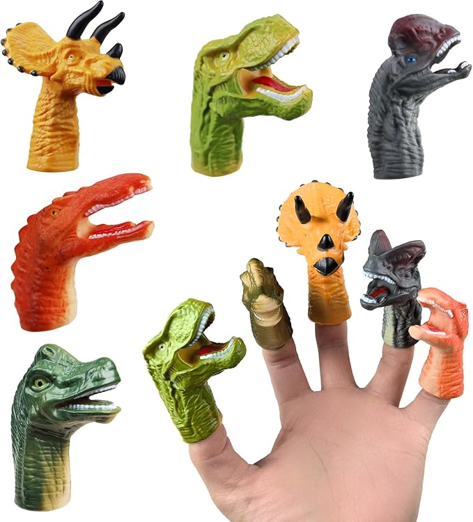 5 Pcs Dinosaur Finger Puppets Party Faovrs for Toddler and Kids 3-5 4-8, Mini Baby Finger Puppet Toys, Small Animals Bulk Toys for Kids Prizes, and Show Theater Props