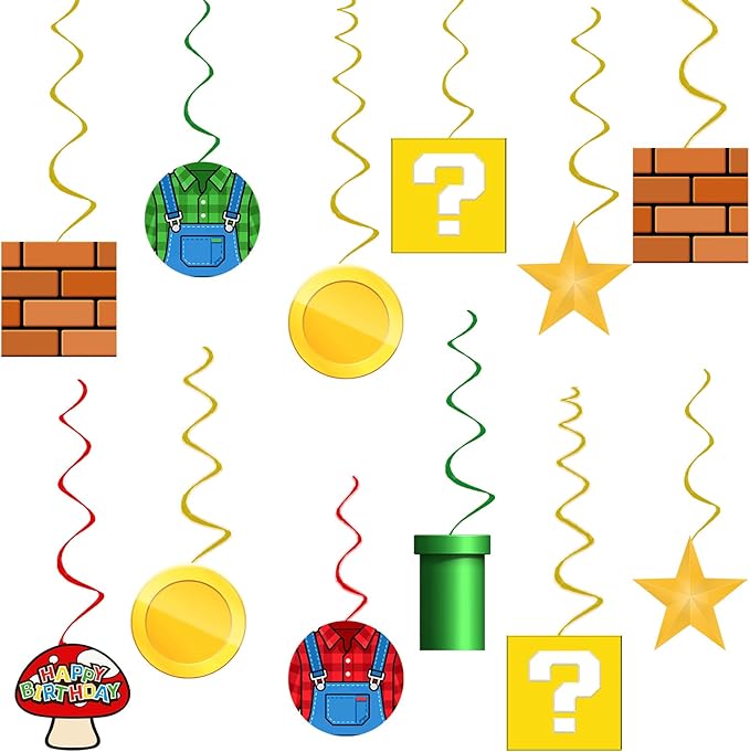 Video Games Party Decorations Super Adventure Party Decor, Assembled and Ready to Use, Cartoon Theme Party Hanging Swrils 24pcs Party Streamers Kids Boys Birthday Party Decor Supplies