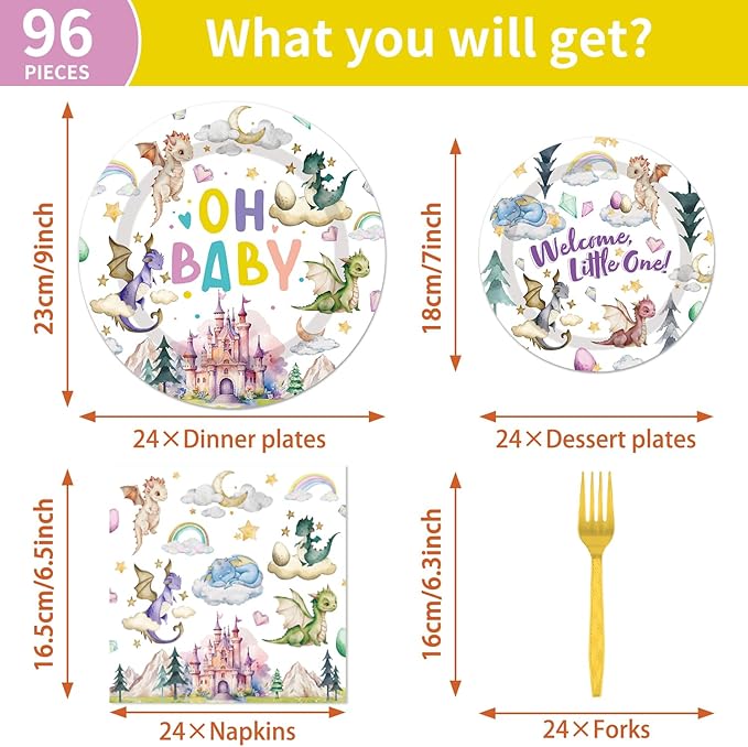 Dragon Birthday Party Supplies Tableware - 96 Pcs Watercolor Dragon Plates and Napkins, Magical Dragon Theme Dinnerware Set, Dragon Party Supplies Decorations for Baby Shower Serve 24 Guests
