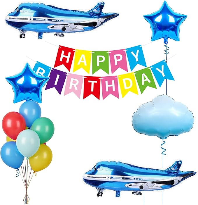 31inch Large Airplane Blue Party Decoration Airplane Balloon Set Birthday Party Supplies (2 Blue banner set)