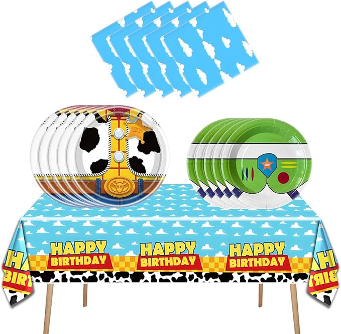 Cartoon Story Party Tableware Set, Blue Sky White Cloud Cow Tablecloth, Toy Theme Birthday Party Tableware Set