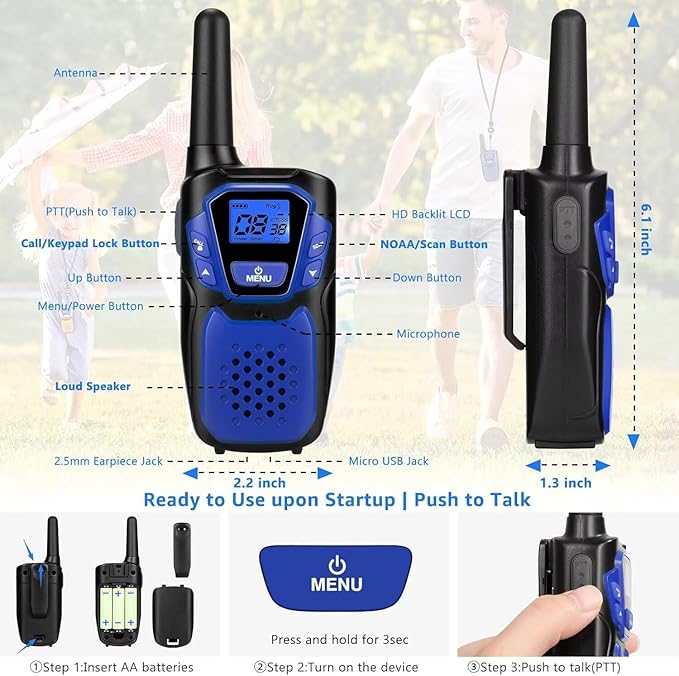 Walkie-Talkies for Kids Rechargeable Walkie Talkie for Adults Long Range FRS 2 Way Radio 3 Pack with Lanyard Battery NOAA USB, Family Toys for 3-12 Year Old Girls Boys Toddlers Camping