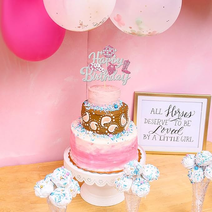 1 PCS Cowgirl Happy Birthday Cake Topper Glitter Western Cowgirl Birthday Cake Pick Hat Boot Disco Cowgirl Cake Decorations for Western Cowgirl Rodeo Theme Girls Birthday Party Supplies Silver