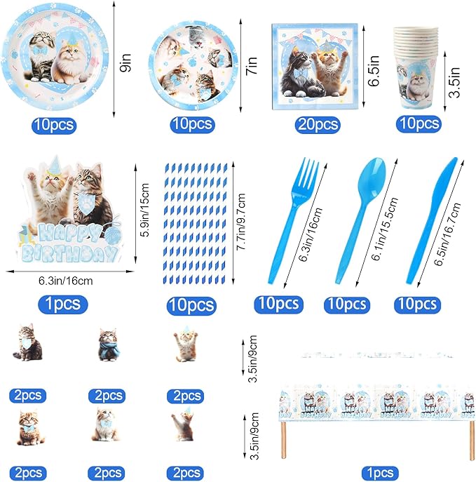 142Pcs Cat Birthday Decorations, Cat 2nd Birthday Party Supplies, Cat Birthday Party Decorations Include Plates Cups Napkins Tablecloth Balloons Cake Toppers for Kids Party