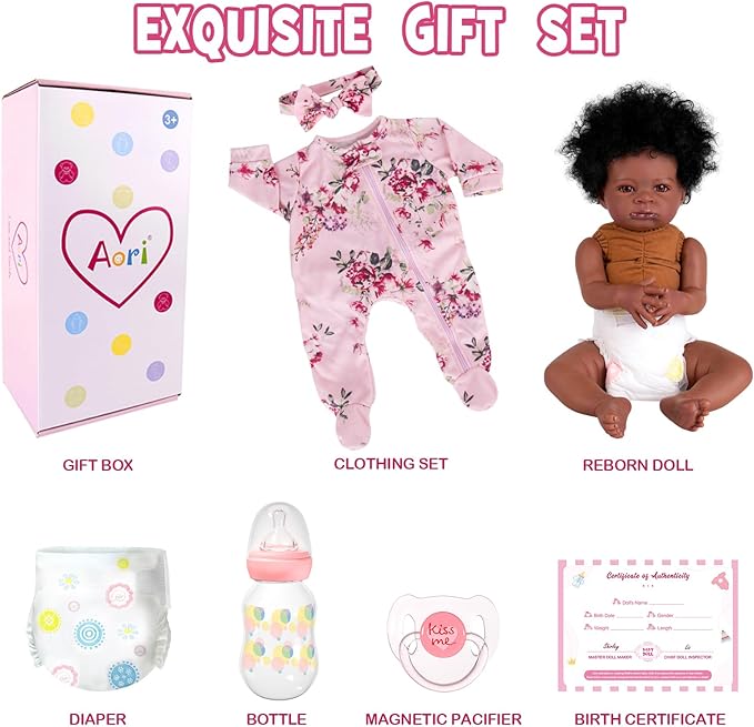 Aori Reborn Baby Dolls Black - 20-Inch Lifelike Black American Baby Girl, Realistic Soft Vinyl Newborn Dolls with Weighted Cloth Body, Set for Kids 3+