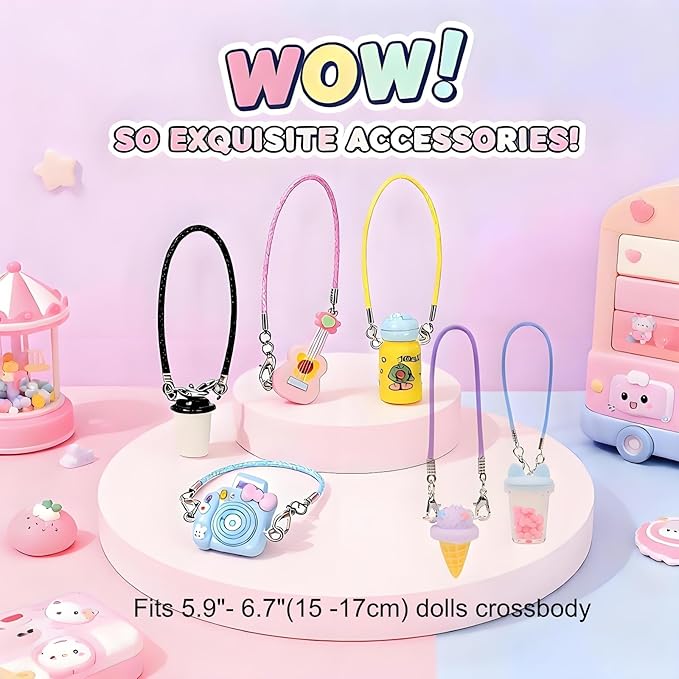 6.7inch/17cm Doll Accessories Set, for Labubu Doll Mini Accessories Outfits Set, Includes Mini Coffee Cup, Guitar, Cat Ear Cup, Ice Cream, Camera, Water Bottle, Accessory Package 6Pcs(No Doll)