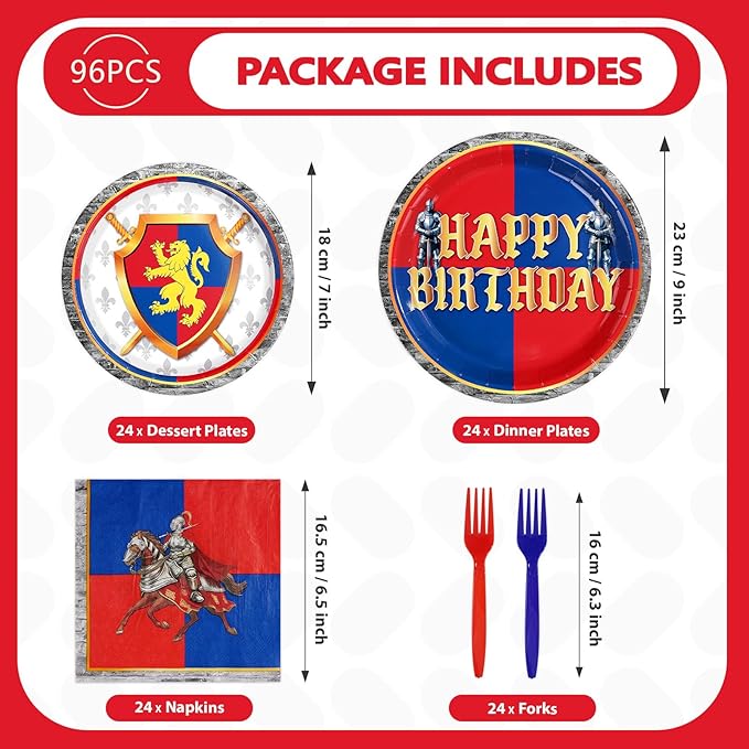 96Pcs Medieval Fantasy Birthday Party Decorations with Lion Knight Medieval Plates and Napkins Sets Castle Birthday Decorations for Boys Girls Dragon Theme Castle Celebration Party Supplies Serves 24