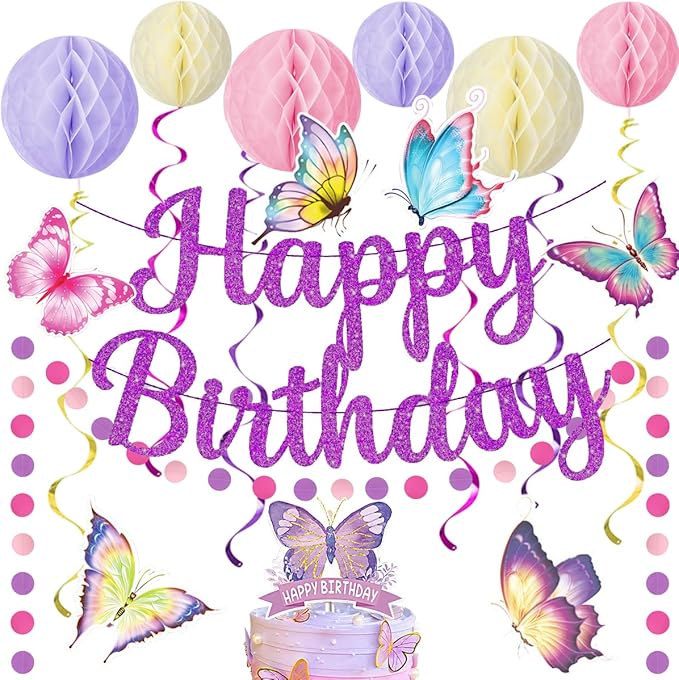 Birthday Decorations Set, Butterfly Happy Birthday Banner Party Supplies with Happy Birthday Banner, Honeycomb Balls, Butterfly Hanging Swirls for Girls Birthday