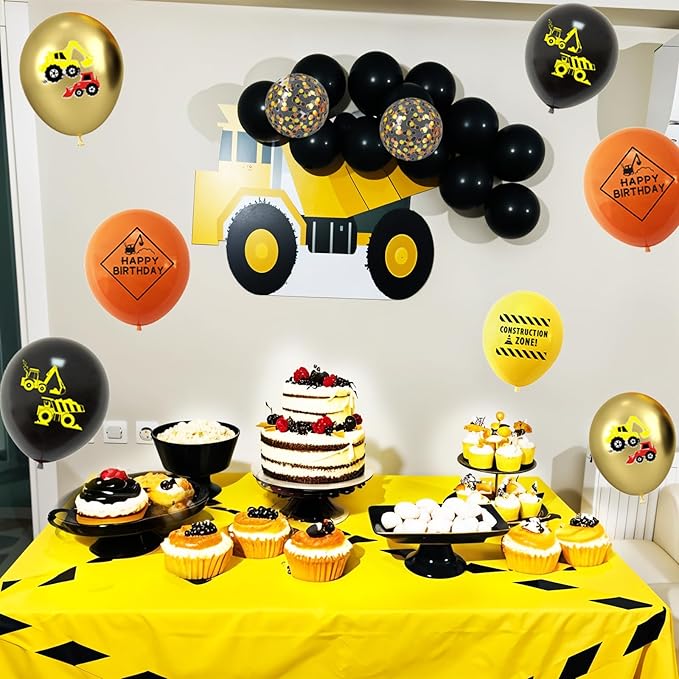 Construction Balloons, 12 Inch Gold Black Yellow Orange Confetti Balloons for Boy Baby Shower Construction Themed Birthday Truck Party Graduation Supplies