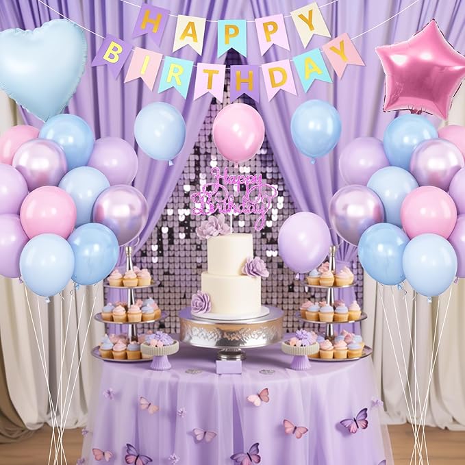 Pink Purple Blue Birthday Decorations,Pastel Balloon Decor Happy Birthday Banner Cake Topper Star Heart Foil Balloon for Girl Baby Shower Gender Reveal Party