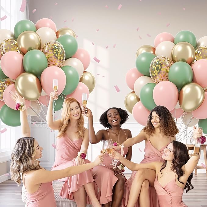 60pcs Pink and Green Balloons 12inch with Sage Green Light Pink Sand White Metallic Gold Confetti Balloons for Birthday Bridal Shower Boho Baby in Bloom Baby Shower Decorations