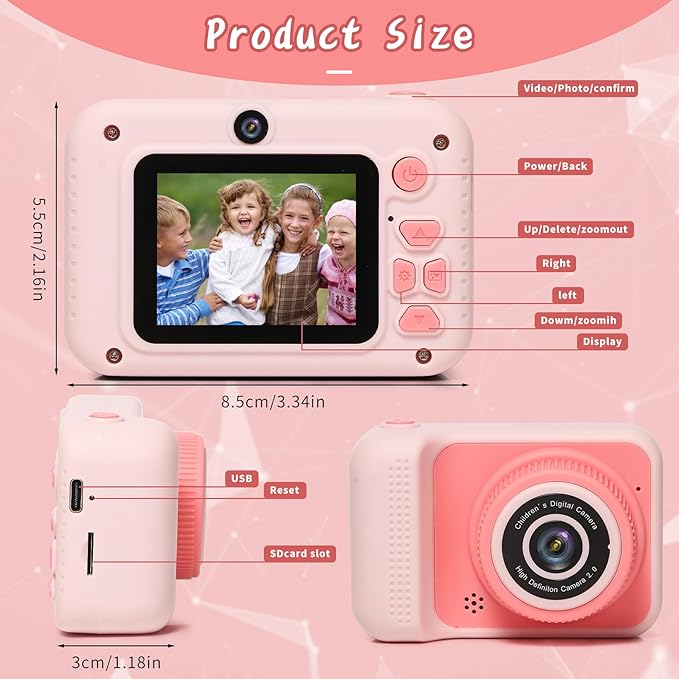 Kids Camera Toys, for Boys and Girls,JUVNAWEZ Digital Camera for Kids, Toddler Camera Christmas Birthday Toy Gifts for Kids Age 3 4 5 6 7 8 9 10 with 32GB SD Card, Video Recorder 1080P HD (Pink)