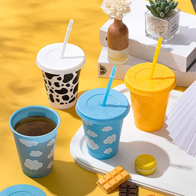 Tioncy 24 Pcs 16 Oz Cartoon Themed Party Reusable Plastic Cups Plastic Tumbler with Lid and Straw Drinking Cup Cartoon Carnival Birthday Party Supplies for Decorations