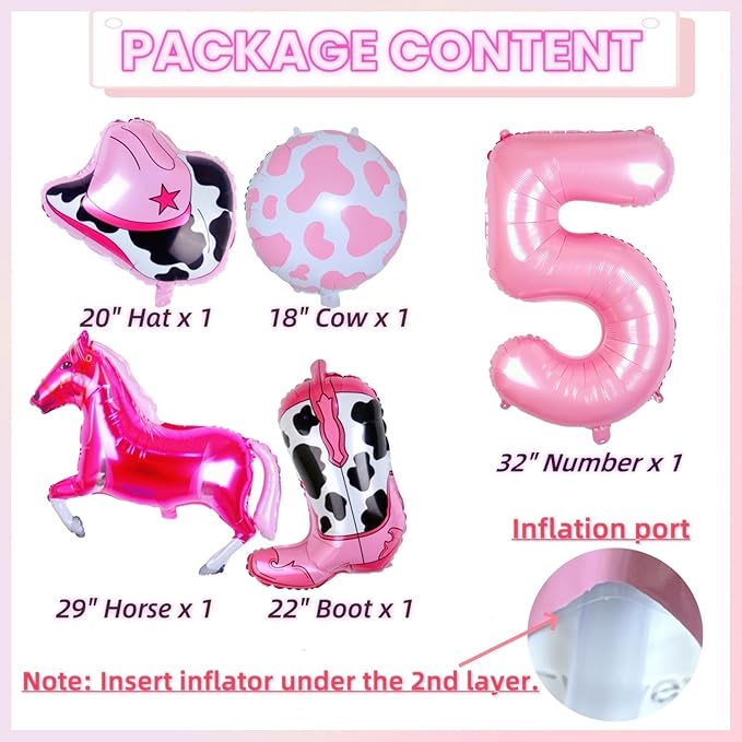 Western Cowgirl Balloons Pink 5th Birthday Party Decorations, Retro Horse Cowboy Hat Boot Balloons Girls Western Theme Rodeo Birthday Party Decorations Supplies Decor (32 Inch Pink 5 balloon)