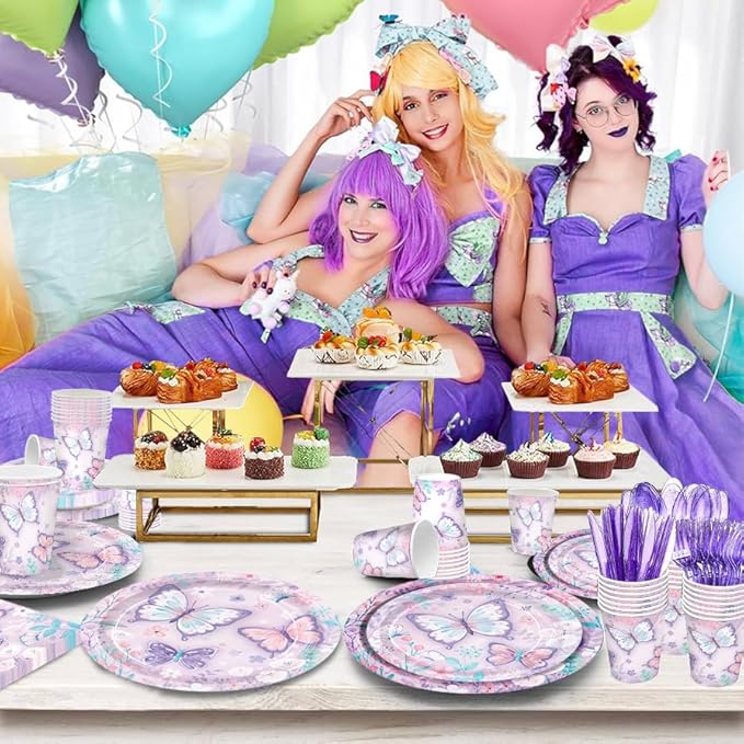 168pcs Butterfly Party Decorations Purple Butterfly Plates and Napkins Tableware Set Disposable Paper Cups Flower and Butterfly Birthday Party Supplies for Kids Birthday Decor Serves 24 Guest