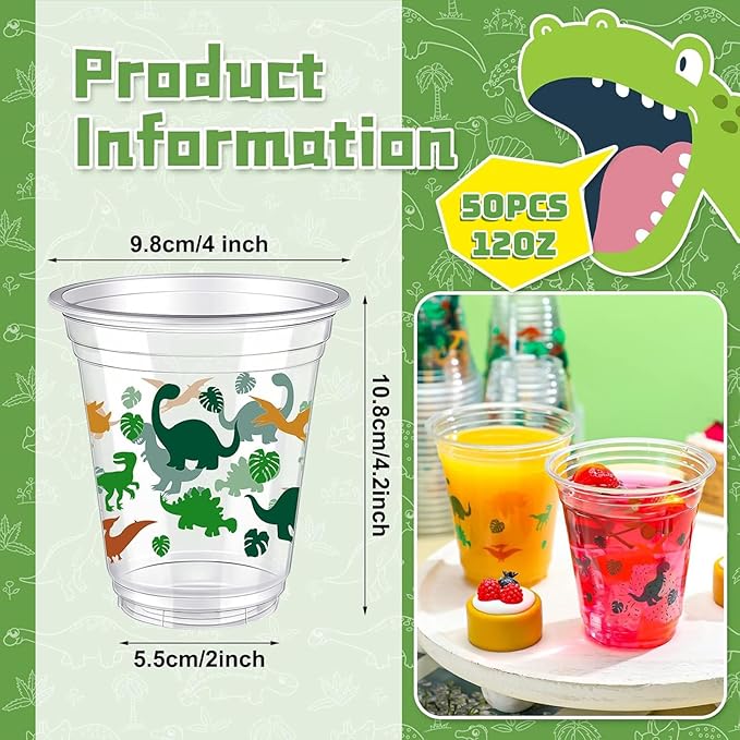 50 Pcs 12 oz Dinosaur Birthday Decorations Dinosaur Cups Plastic Dino Tumbler for Kids Birthday Party Supplies Decorations, Green