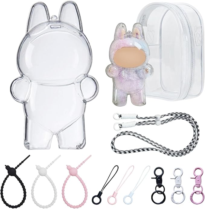 2pcs Figure Display Case for 17cm Doll, Clear Protective Cover with Detachable Keychain for Collectible Toys and Cosmetics, Blind Box Display Pouch for Travel or Home Decor