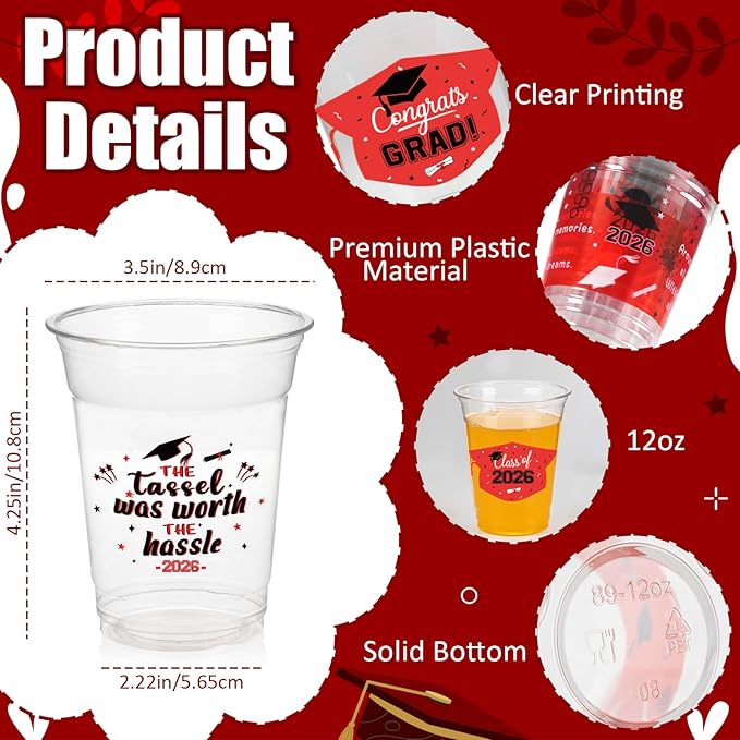 GuassLee Black and Red Graduation Decorations 2026 Party Cups - 50pcs 12 Oz Black Red White Disposable Graduation Plastic Cups for Drinks Class of 2026 Grad Party Favors Supplies