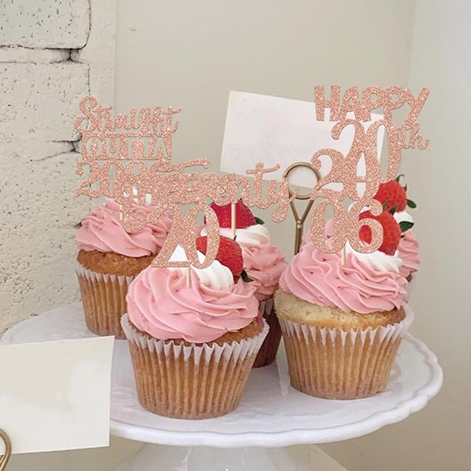 30PCS 20th Birthday Cupcake Toppers Glitter Twenty Happy 20th Straight Outta 2005 Cupcake Picks for Cheers to 20 Years Birthday Wedding Anniversary Party Cake Decorations Supplies Rose Gold