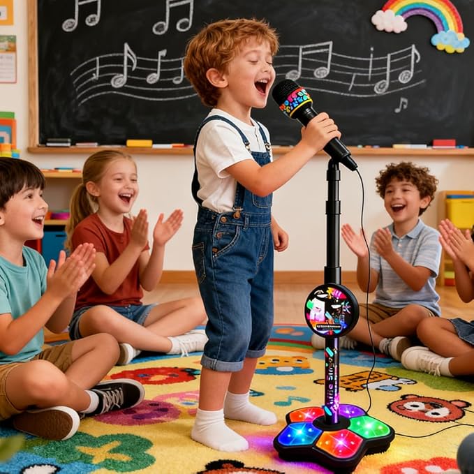 2026 New Kids Star Microphone with Stand - Portable Karaoke Machine Toy with Built-in Music, Colorful Lights & Echo Effects, Adjustable Height for Singing, Music Play