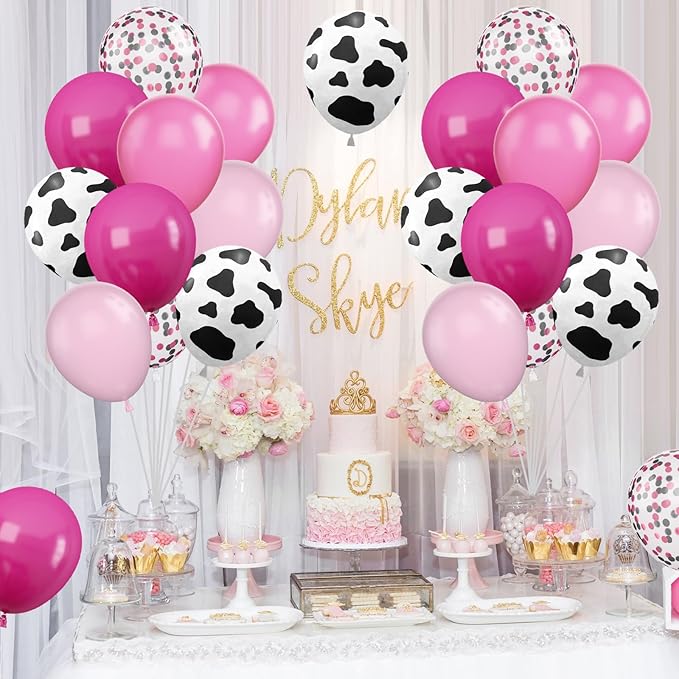 Cow Balloons, 12 Inch Pink Cow Print Balloon Hot Pink Pastel Pink Confetti Pink Helium Latex Balloons for Birthday, Girls, Cow Print Party, Cowgirl Rodeo Party, Farm Party Decorations Supplies