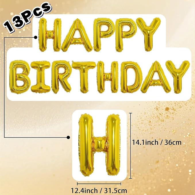 Gold Happy Birthday Balloon Banner, Foil Letter Balloons Party Decoration Sign for Men and Women
