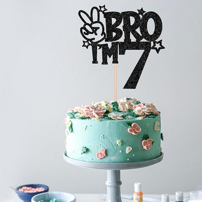 1 PCS Brother I'm 7 Cake Topper Glitter Star Happy 7th Birthday Cake Pick Bro I'm 7 Cake Decoration It's My 7th Birthday Decorations for Boys Cheers to 7 Years Old Birthday Party Supplies Black