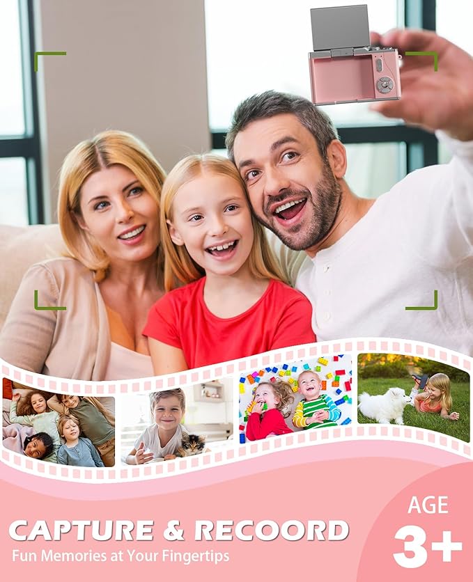 Kids Camera,4K Digital Camera for Photography,48MP 1080P HD Video Selfie Camera,with 180° Flip Screen Flash,with 32GB SD Card,for Starter Kid Children Teen Student Girl Boy(Pink)