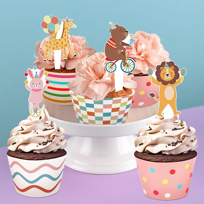 48 Pack Circus Animal Cupcake Toppers and Wrappers, Carnival Party Cake Decoration for Animal Theme Birthday Party Baby Shower Supplies