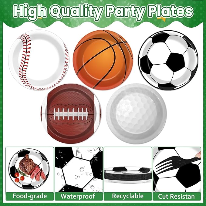 100 Pcs Sports Birthday Party Decorations Sports Themed Plates and Napkins Basketball Football Soccer Baseball Rugby Disposable Dessert Tableware Set for Boy Birthday Party Supplies Favors