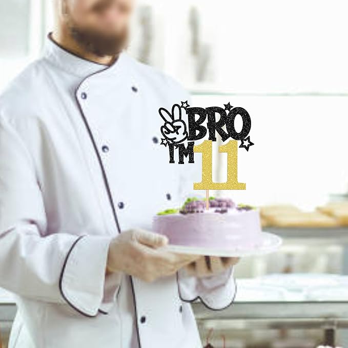 1 PCS Brother I'm 11 Cake Topper Glitter Star Happy 11th Birthday Cake Pick Bro I'm 11 Cake Decoration It's My 11th Birthday Decorations for Boys Cheers to 11 Years Old Birthday Party Supplies Gold