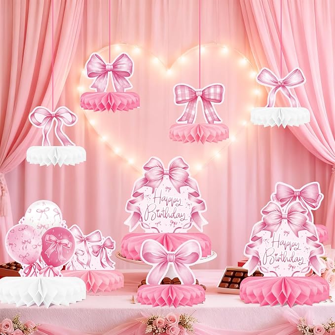 Pink Bow Birthday Decorations Set - Bow Party Decorations with Honeycomb Centerpieces & Table Centerpieces for Splendid Pink Bow Themed Party Supplies