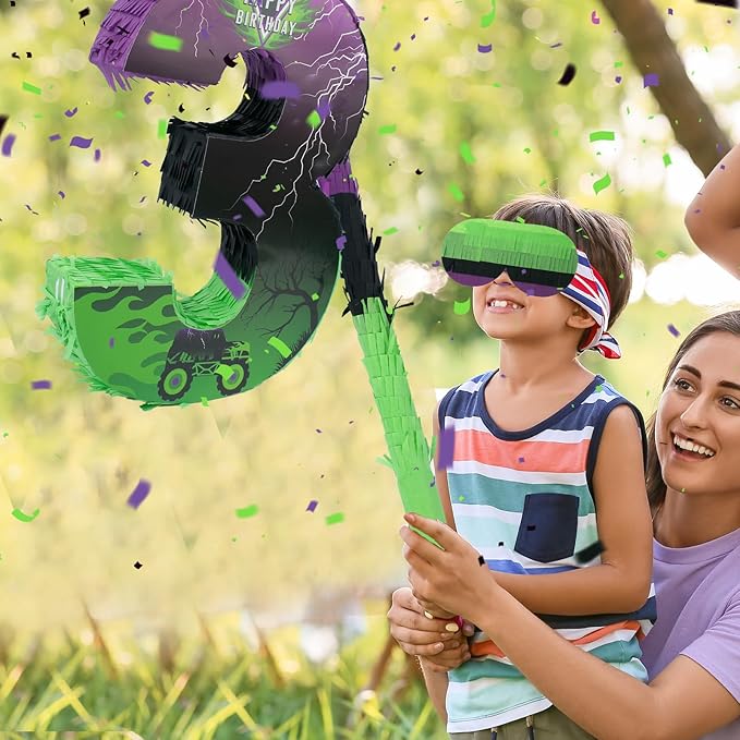 Number 3 Monster Truck Car Piñata Green and Purple Pinata for Birthday Party Decorations Number 3 with Blindfold Stick Small Monster Truck Theme 3rd Party Supplies 15.8 x 11.5 x 2.45 Inch